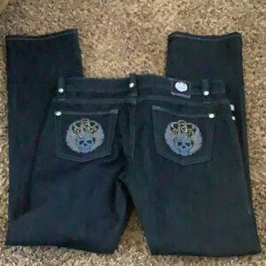 Black Women's Jeans with Embellished Skull Pockets